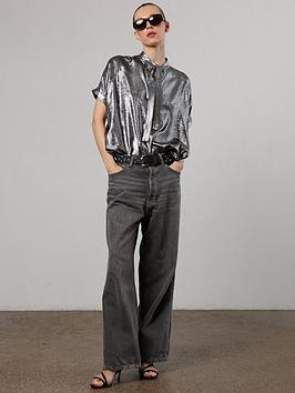 Religion Silver Foil Oversized Fold Blouse - Silver, Grey, Size 16, Women