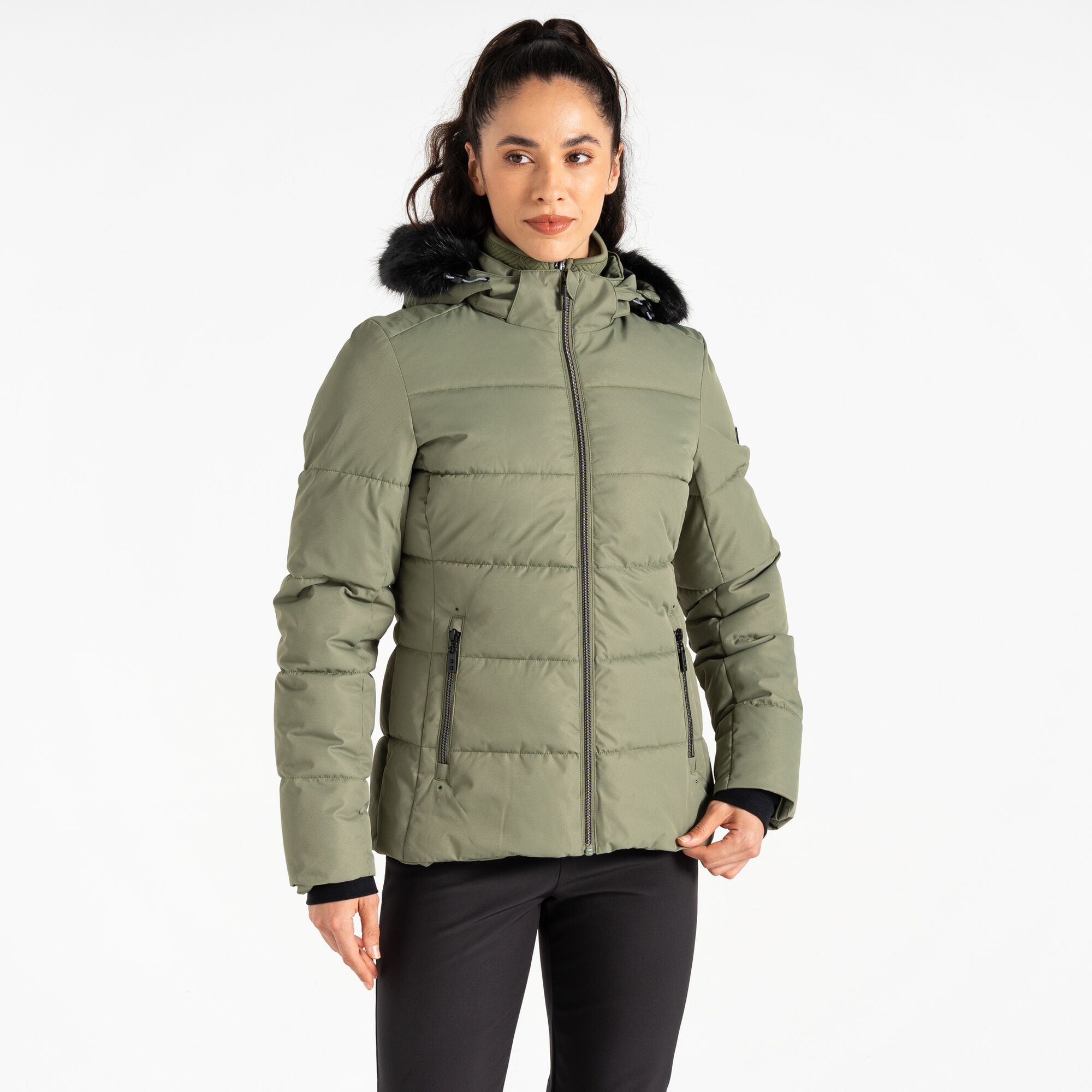 Dare 2b Women's Water-repellent Glamourize V Baffled Ski Jacket Olivine Green, Size: 6