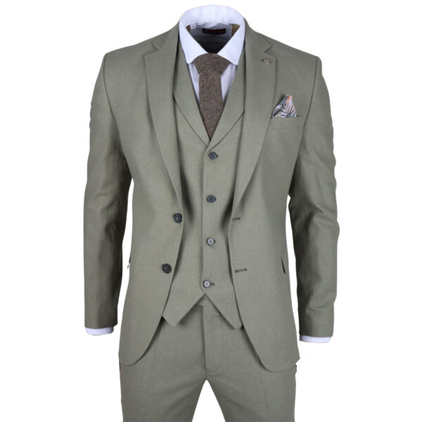 TruClothing Mens Sage Tailor Fit3 Piece Linen Summer Wedding Suit - Green Cotton - Size 46" (Chest) 40" (Waist)