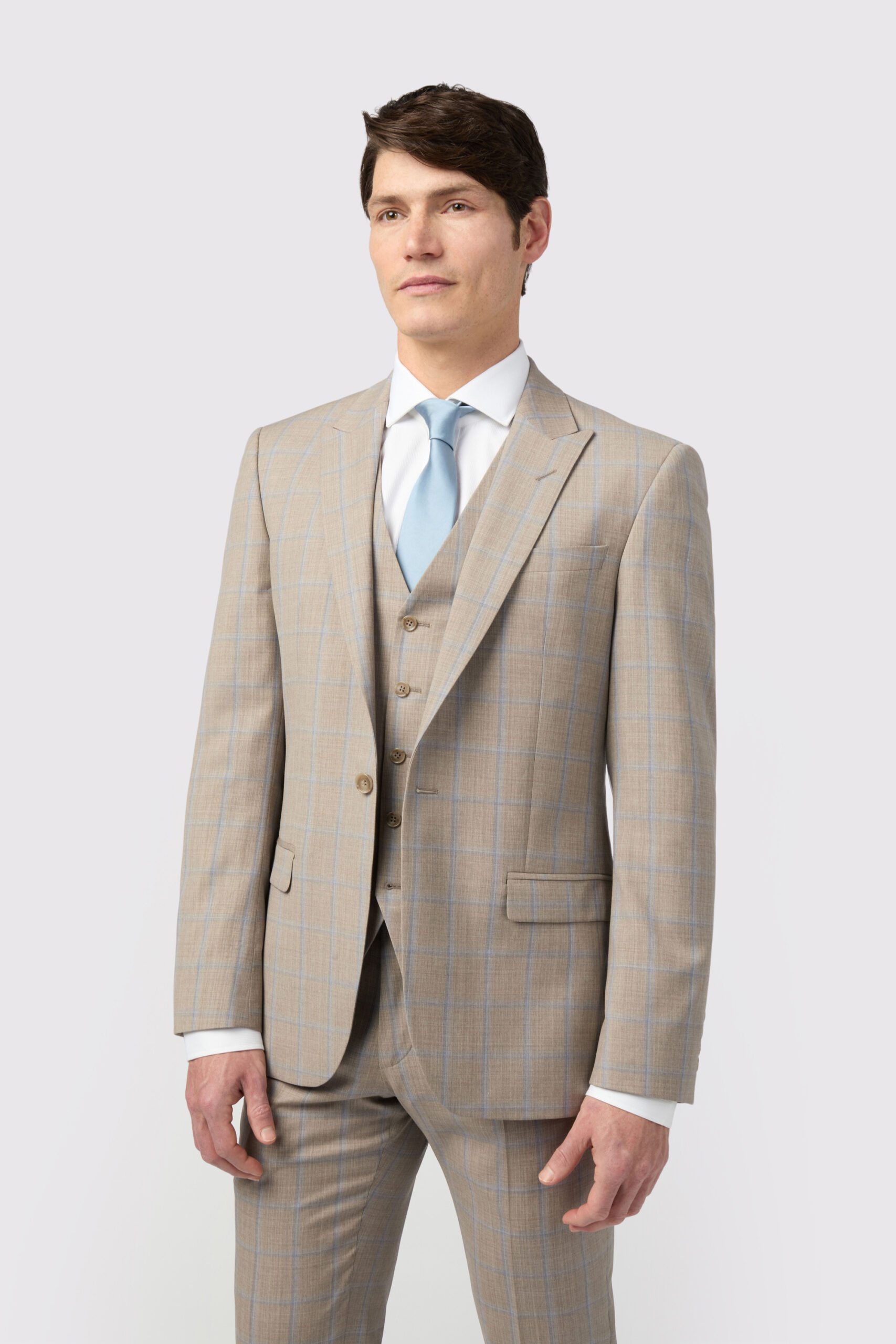 Alexandre Silver Label Mens Tailored Fit Italian Oatmeal Blue Check Jacket - Beige - Size 36 (Chest)