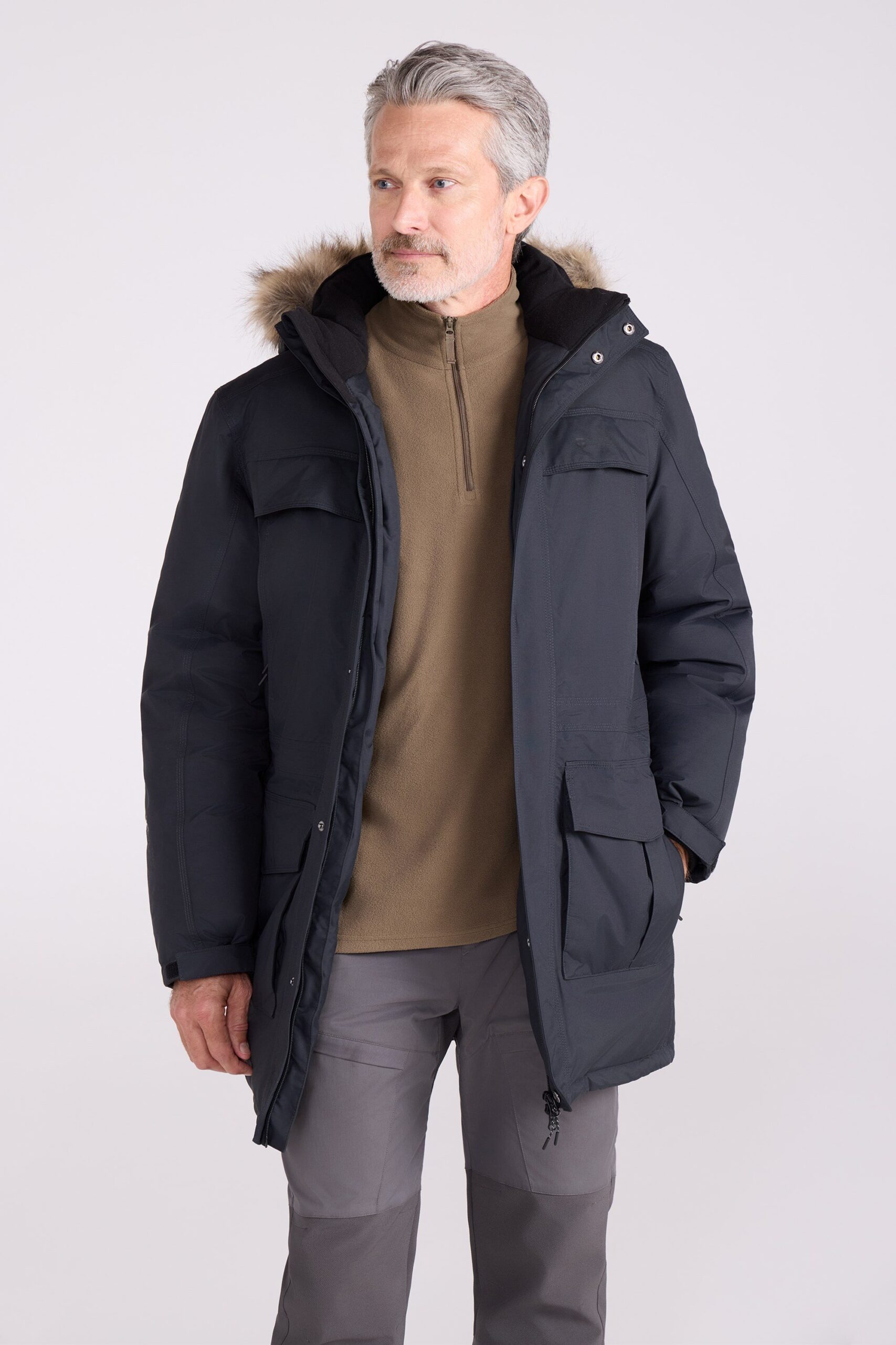 Mountain Warehouse 'Antarctic' Mens Extreme Down Jacket Faux Fur Hood Warm Full Zip Winter Coat Charcoal Polyamide - Size 2XS