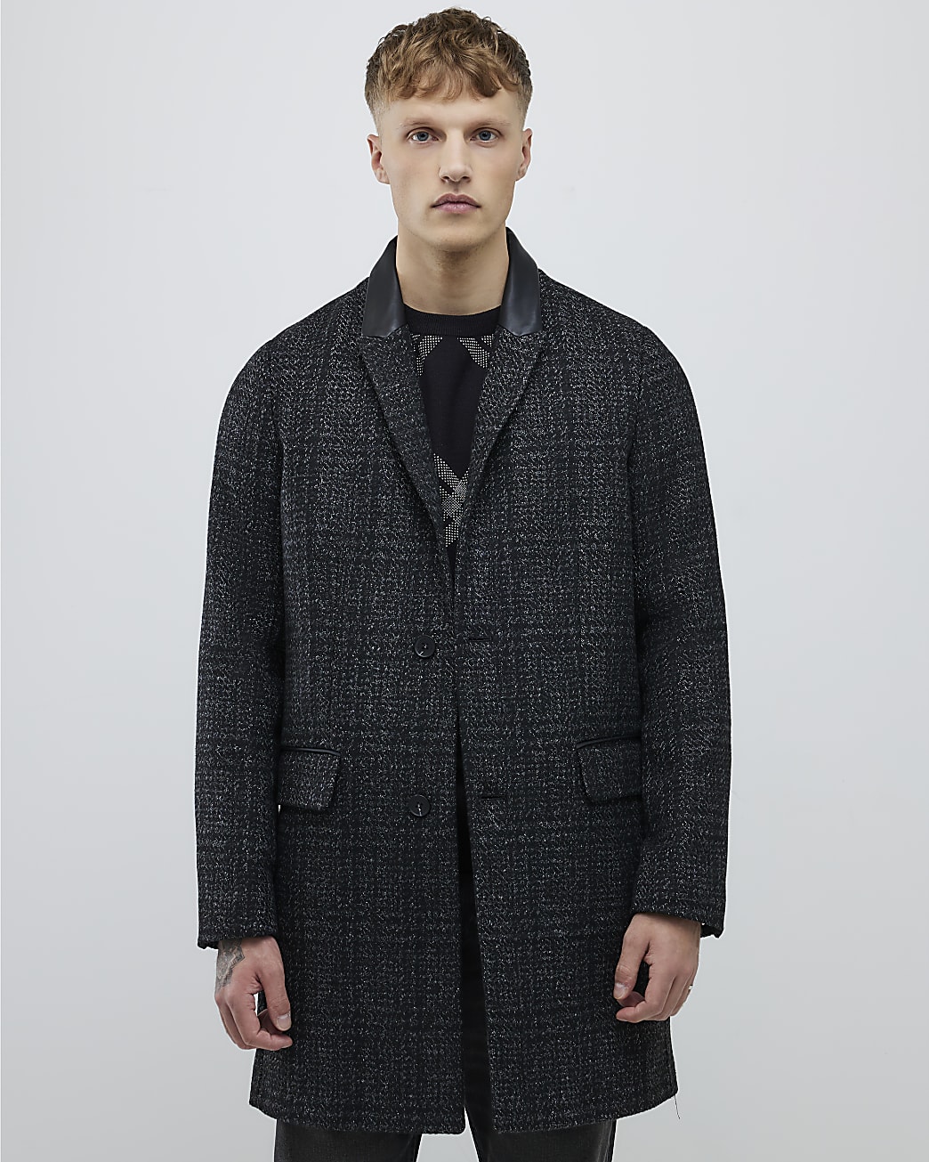 River Island Mens Overcoat Grey Check Collared - Dark Grey - Size X-Large