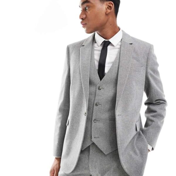 ASOS DESIGN Mens double breasted slim suit jacket with wool in grey barleyweave - CHARCOAL - Size 36 (Chest)