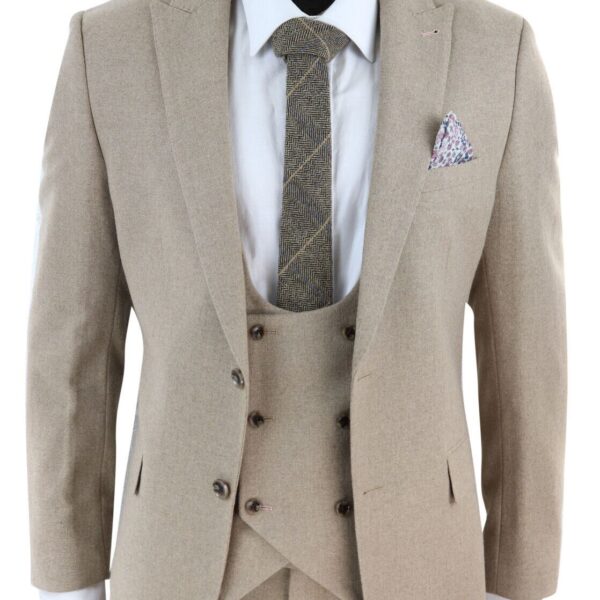 TruClothing Mens Tweed 3 Piece Beige Formal Wedding Suit - Oak - Size 46 (Chest)