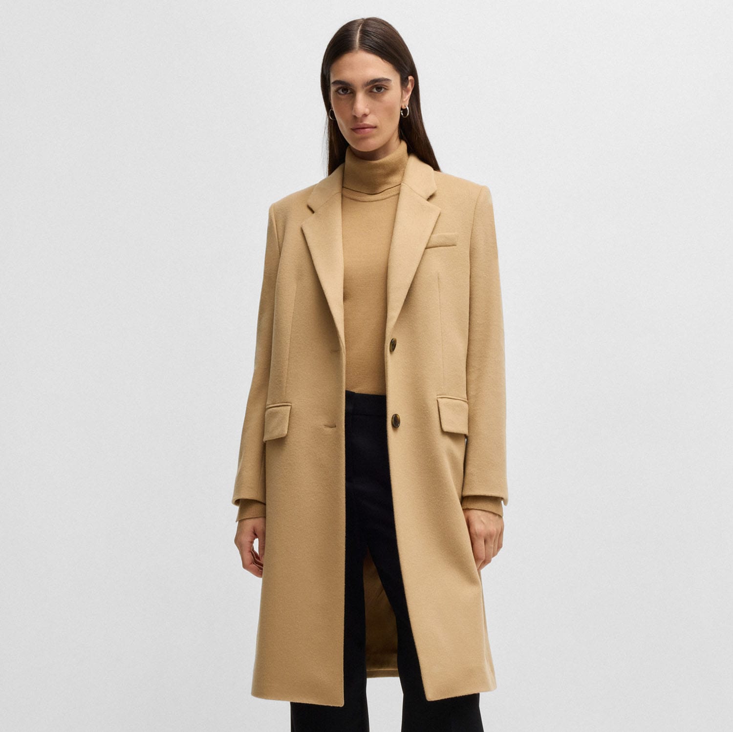 Boss Womens Catara Slim-Fit Coat in Beige Wool - Size 10 UK