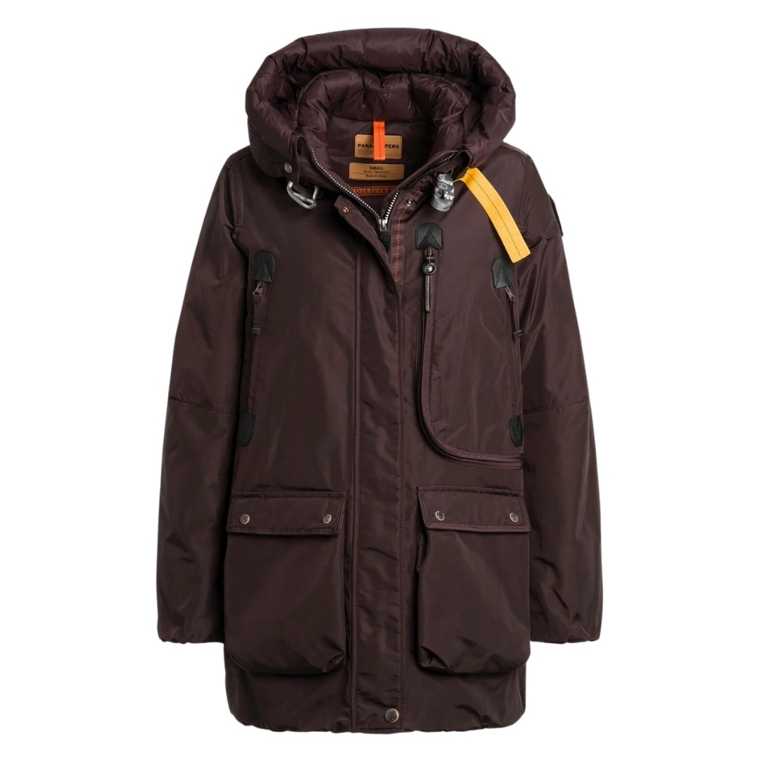Parajumpers Womens Maud Obsidian Dark Brown Long Down Jacket Nylon - Size Small
