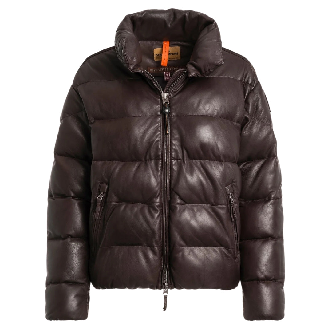 Parajumpers Womens Pia Leather Obsidian Dark Brown Padded Jacket Lambskin - Size Small