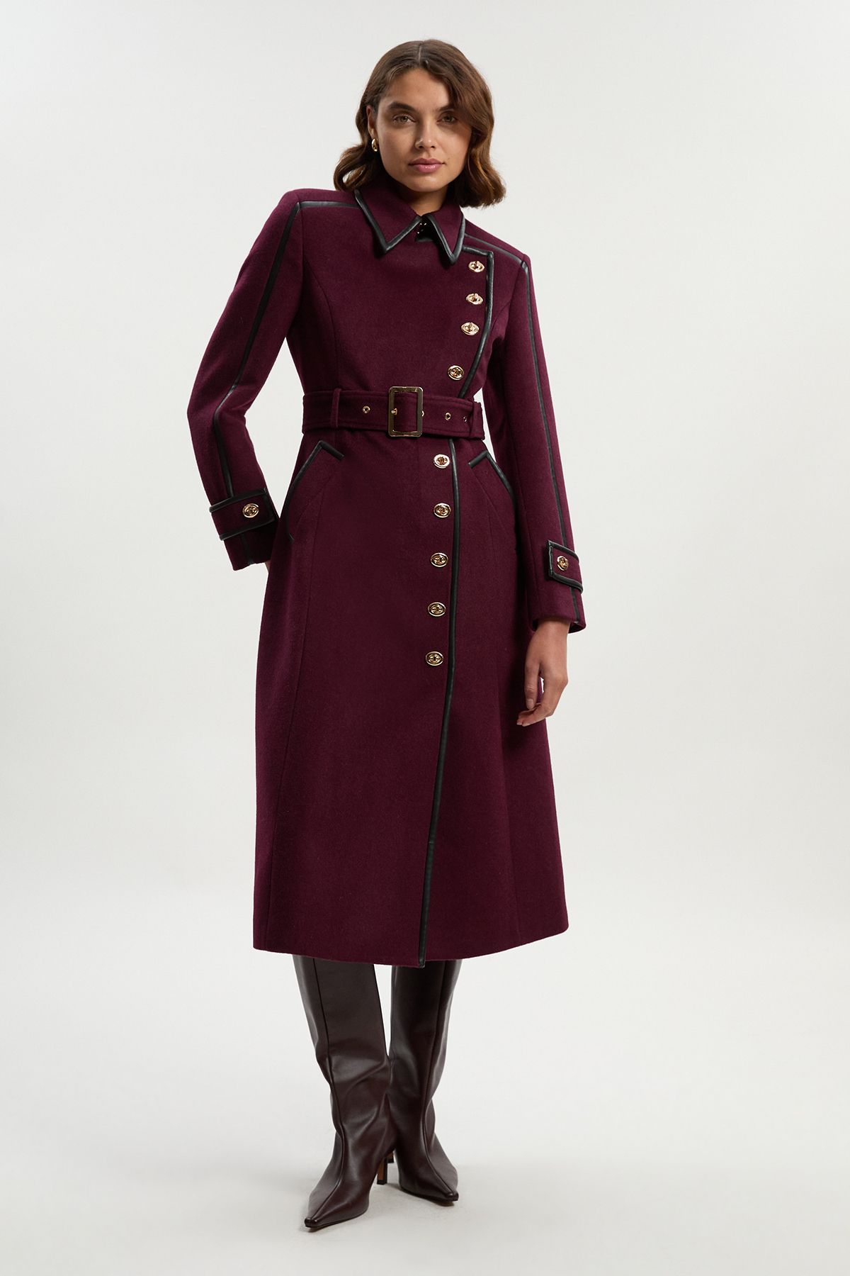 Karen Millen Womens Brushed Wool Pu Mix Gold Trim Belted Midi Coat - Burgundy - Size 8 UK