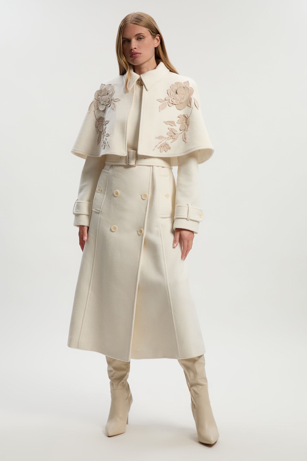 Karen Millen Womens Brushed Wool Pu Mix Placed Floral Embroidery Applique Tailored Cape Full Skirted Midi Coat - White - Size 14 UK