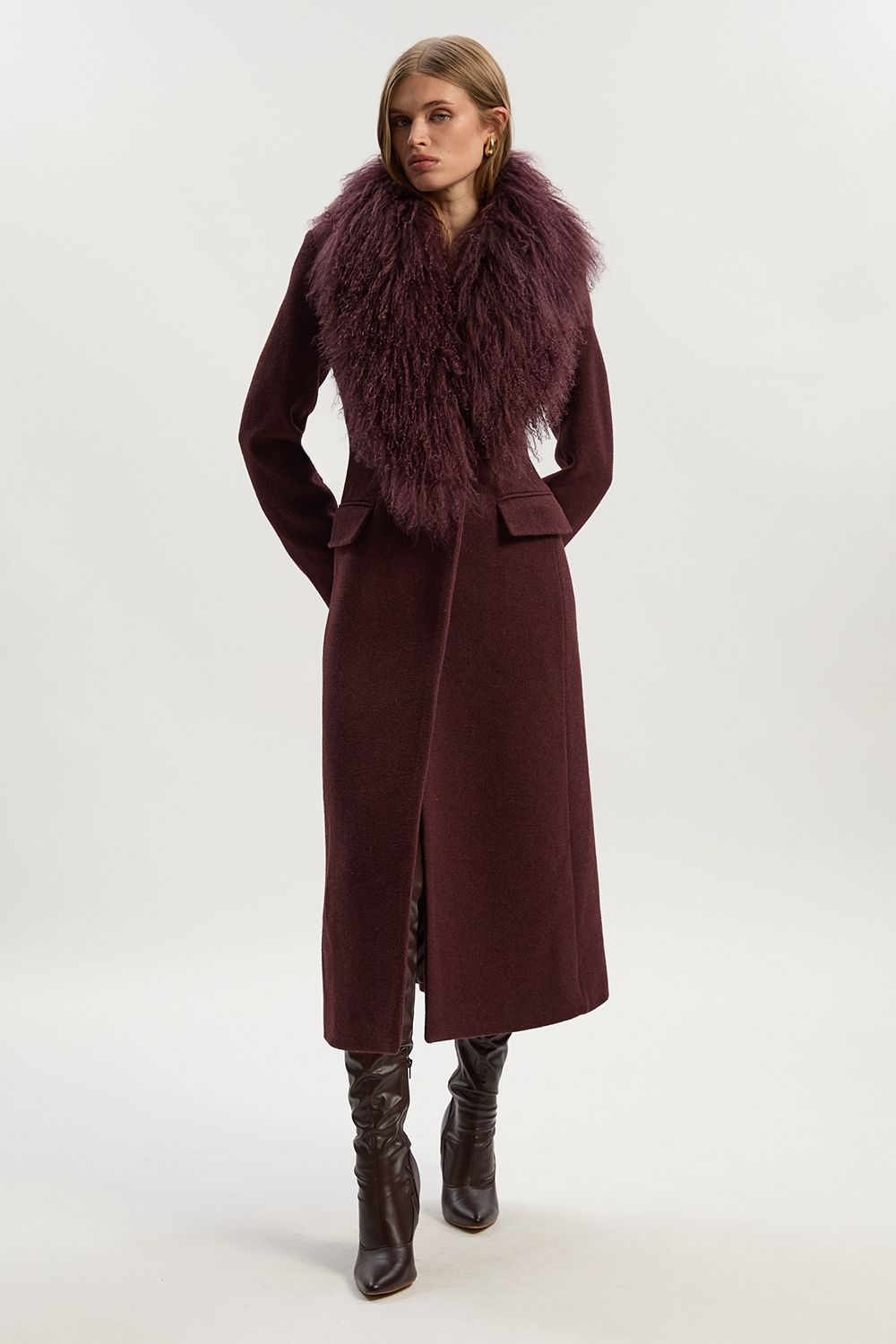Karen Millen Womens Wool Detachable Fur Collar Tailored Double Breasted Midi Coat - Burgundy - Size 16 UK
