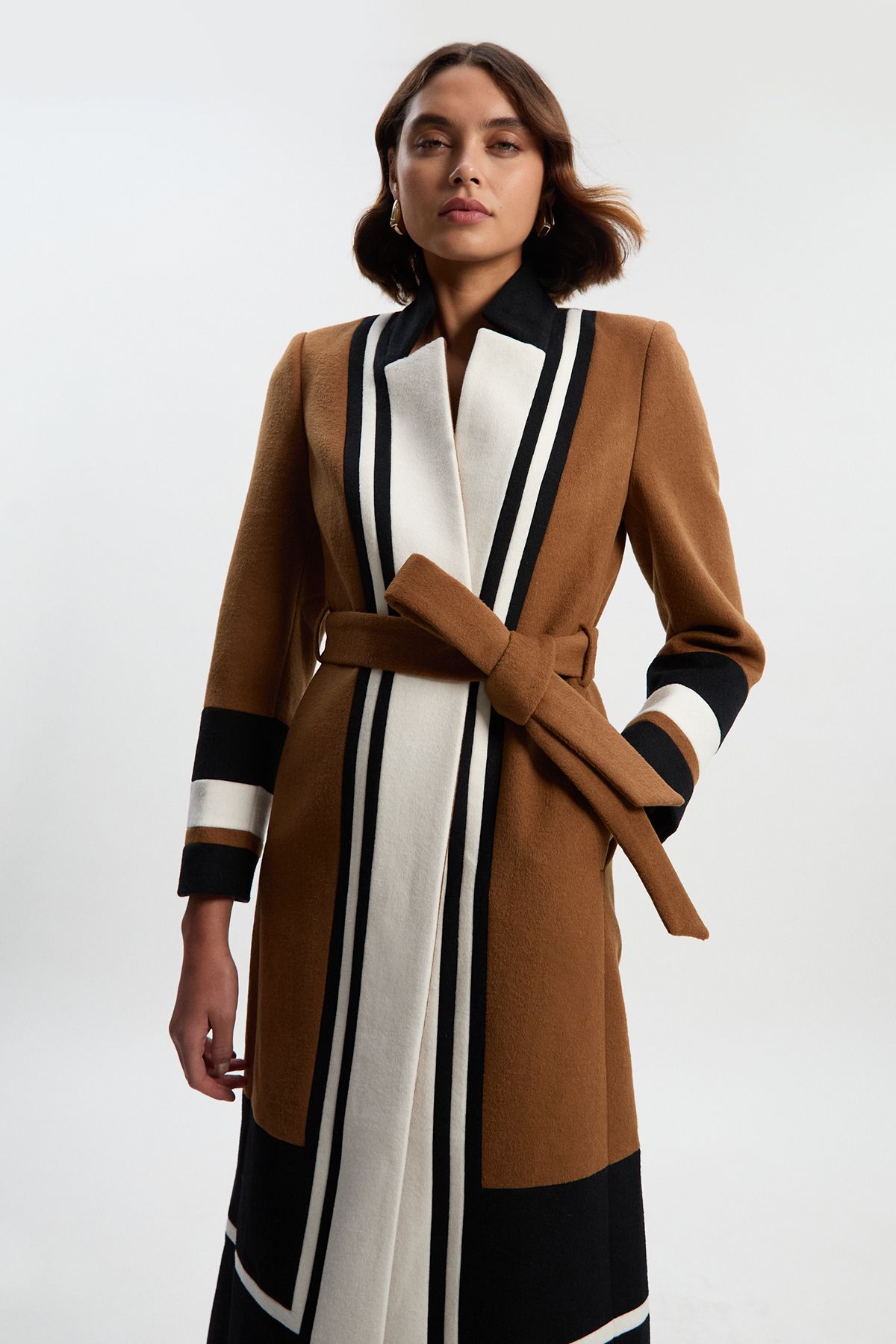 Karen Millen Womens Brushed Wool Colour Block Tailored Belted Midi Coat - Beige - Size 6 UK