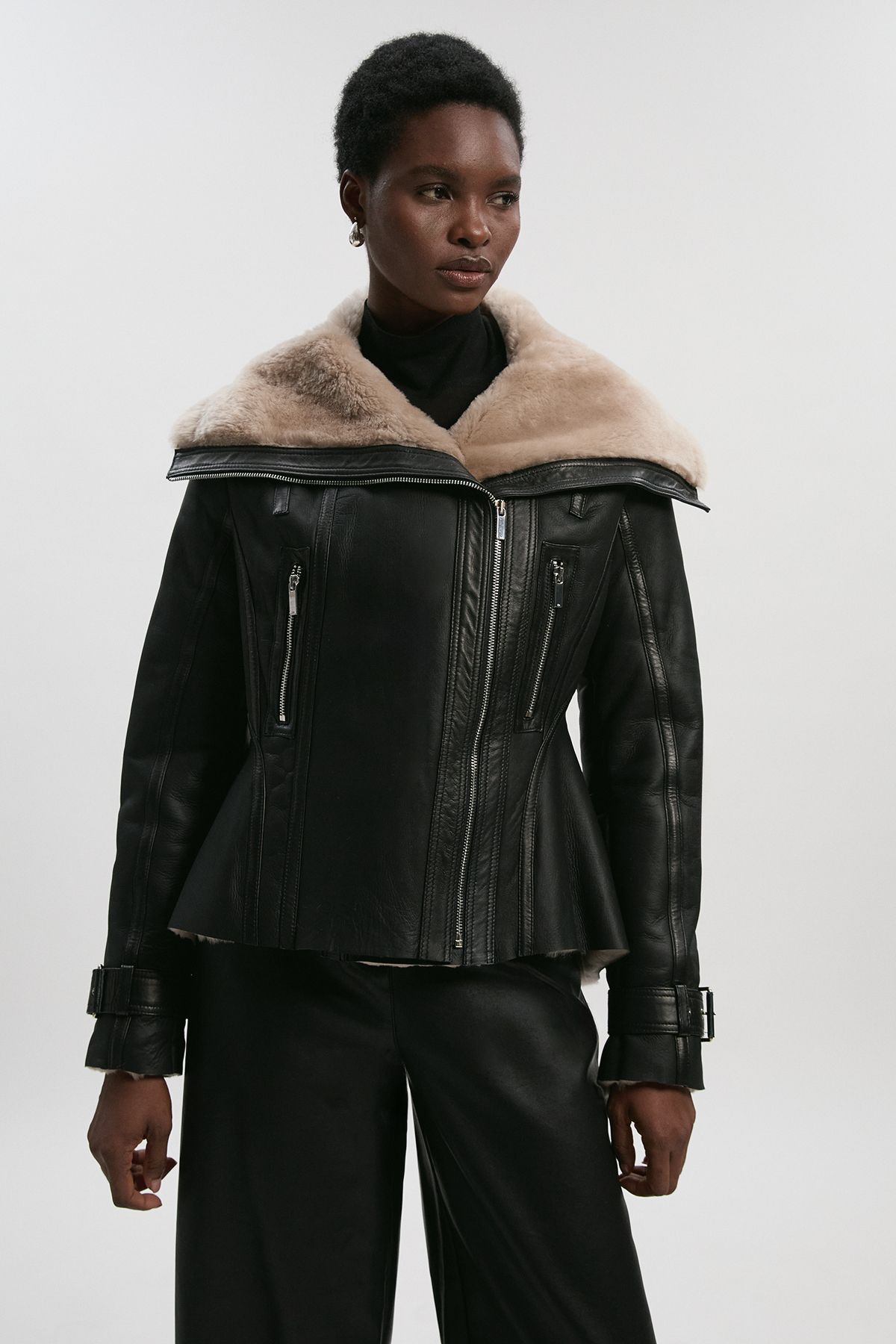Karen Millen Womens Shearling High Low Jacket - Chocolate Leather - Size 6 UK