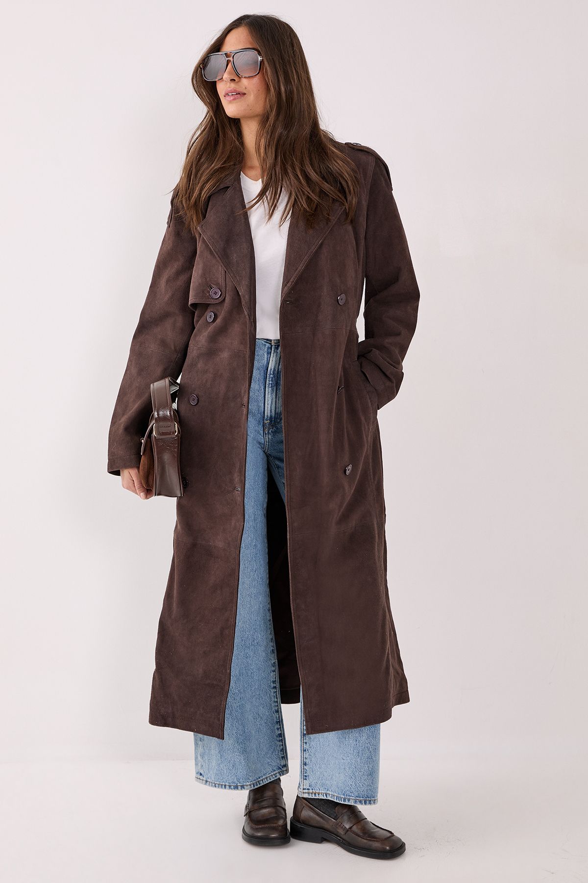 Nastygal Womens Real Suede Trench Coat - Chocolate Leather - Size 6 UK