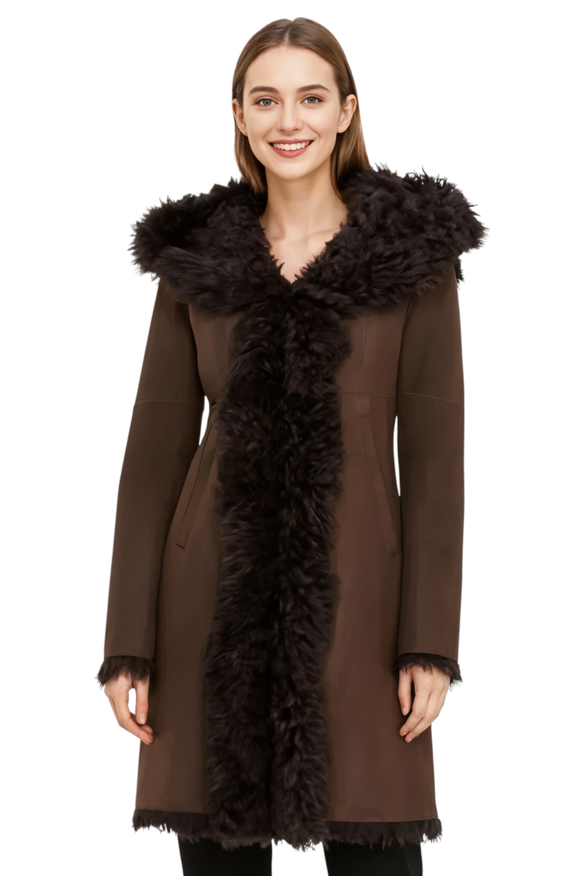 Infinity Leather Womens Brown Toscana Real Sheep Hooded Trench Coat - Verona - Dark Brown Sheepskin - Size 8 UK