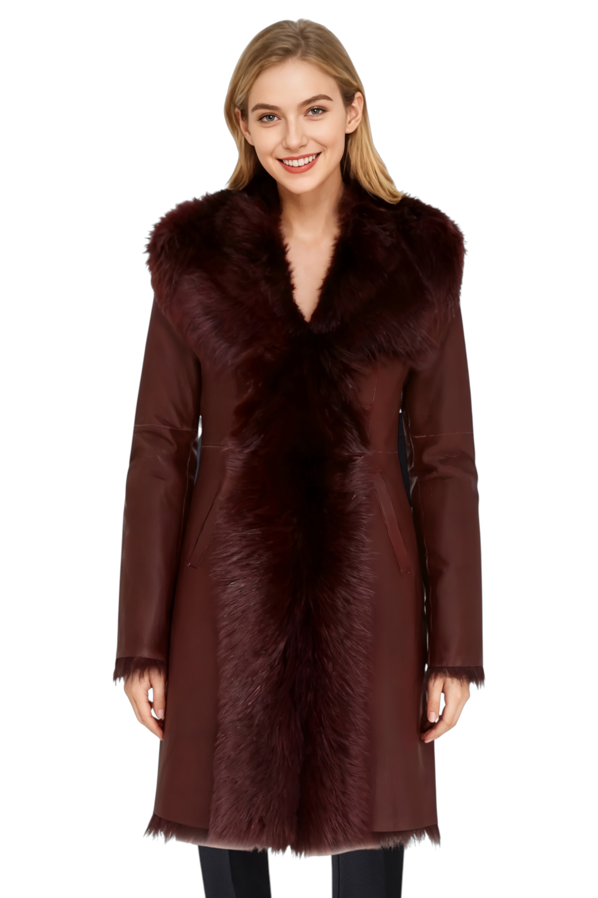 Infinity Leather Womens Burgundy Red Toscana Real Sheep Hooded Trench Coat - Verona Sheepskin - Size 8 UK