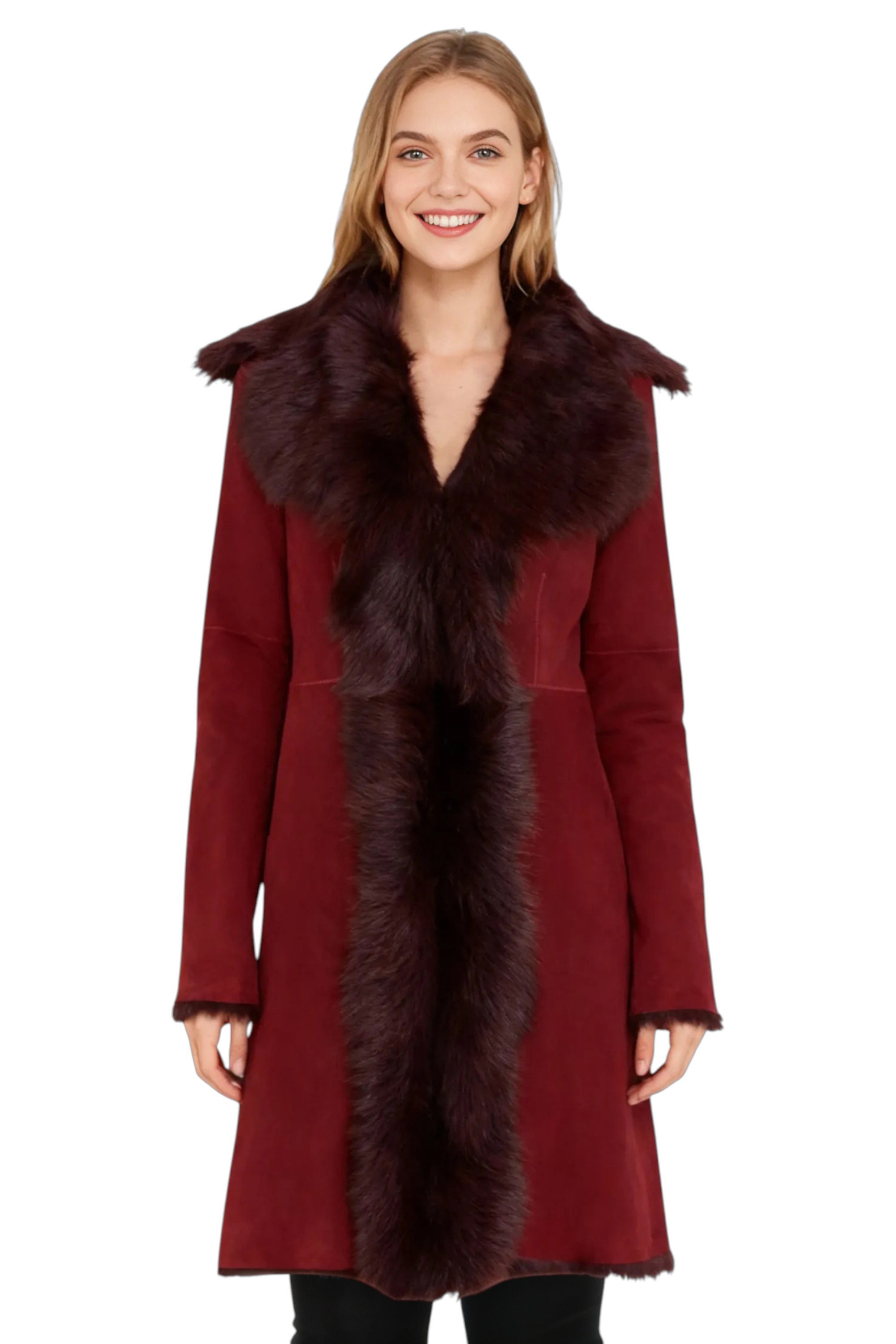 Infinity Leather Womens Burgundy Red Toscana Sheep Suede Trench Coat- Celeste Sheepskin - Size 10 UK