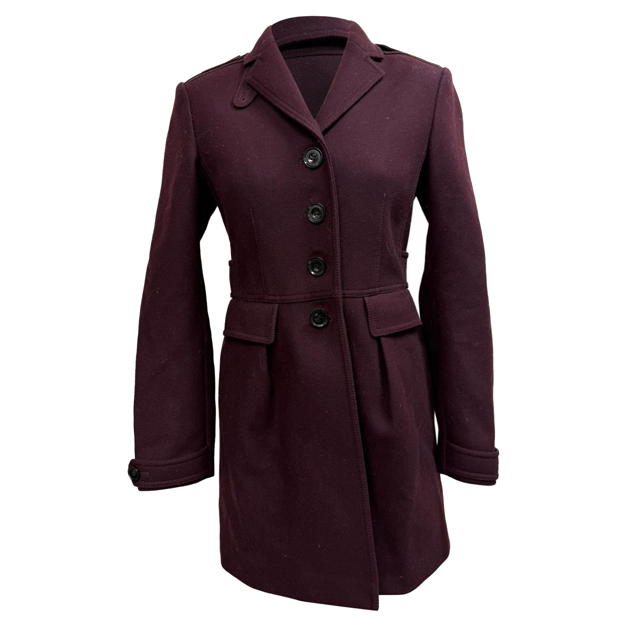 Burberry Pre-owned Womens Brit Single-Breasted Short Coat in Burgundy Wool - Size 4 UK