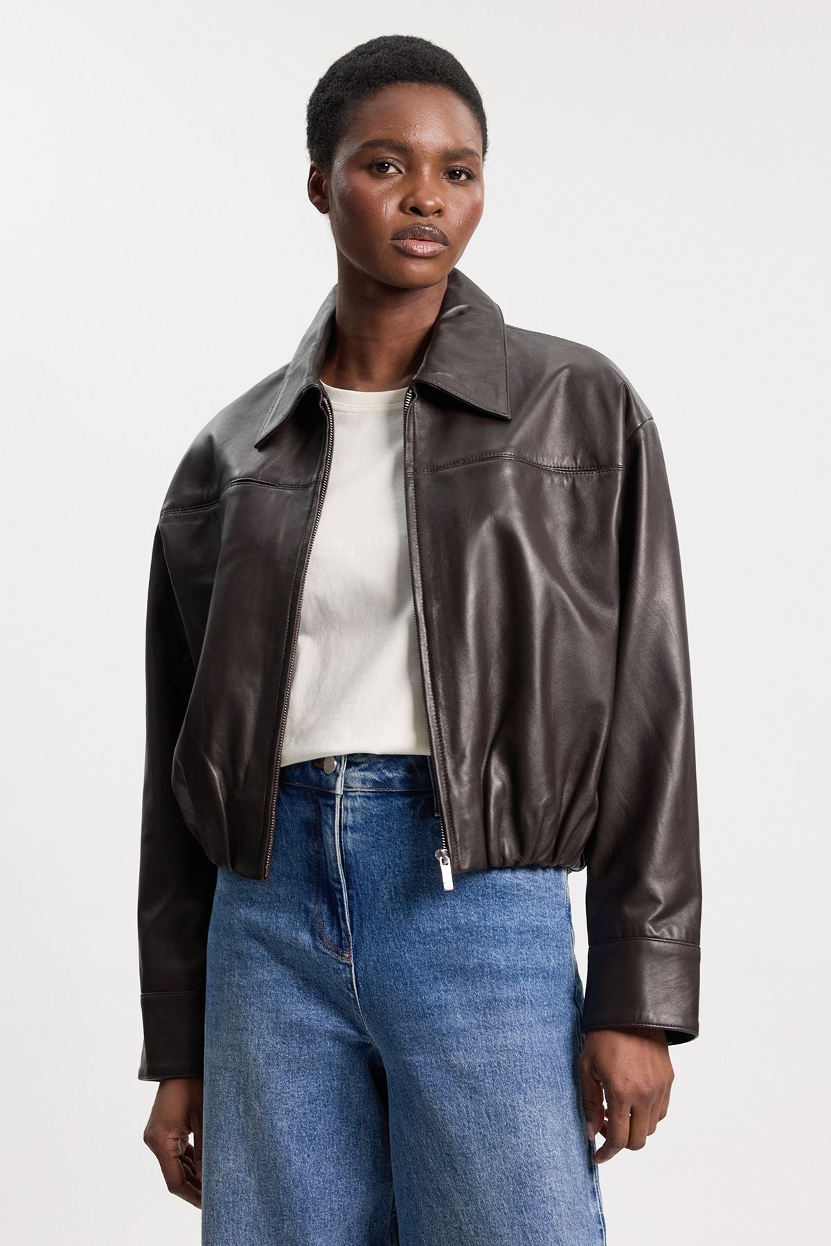Karen Millen Womens Leather Collared Bomber Jacket - Chocolate - Size 14 UK