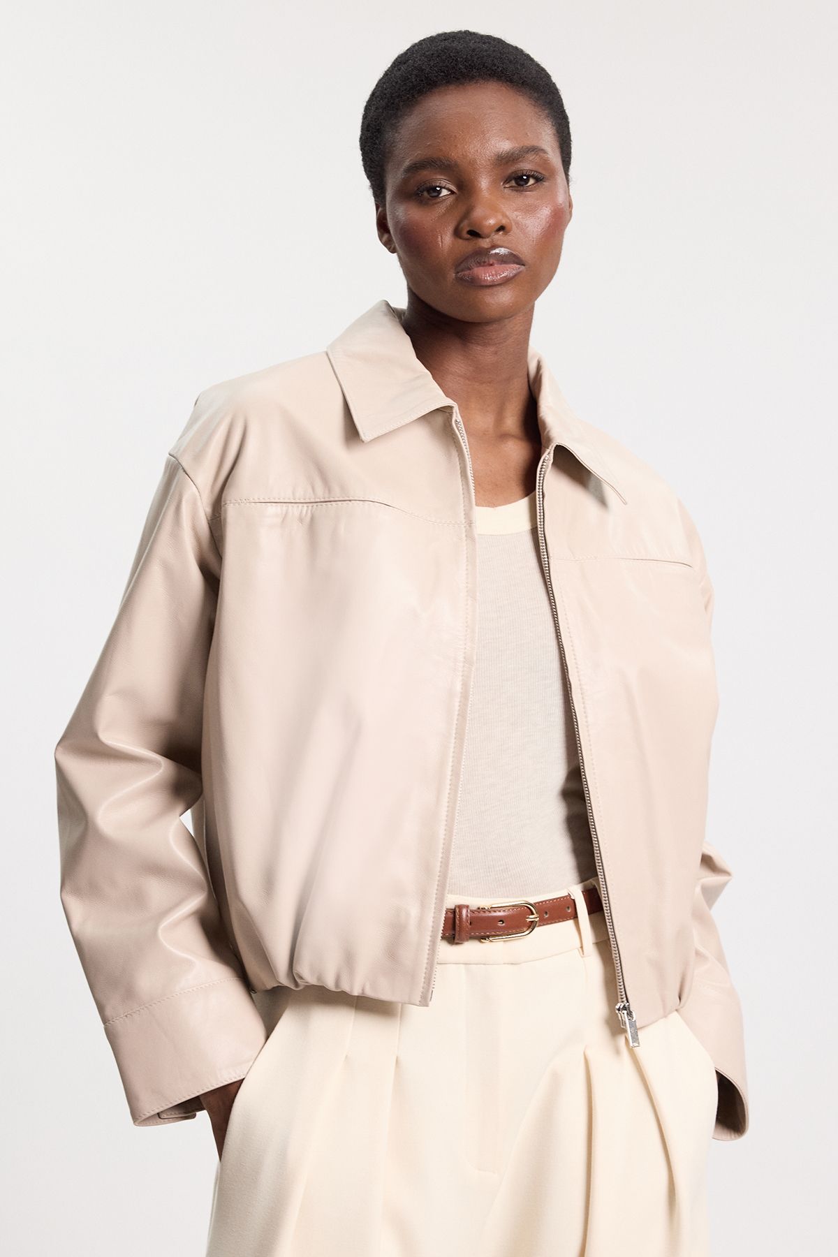 Karen Millen Womens Leather Collared Bomber Jacket - Cream - Size 6 UK