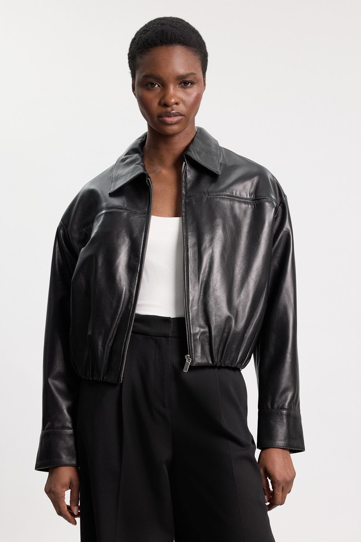 Karen Millen Womens Leather Collared Bomber Jacket - Black - Size 12 UK