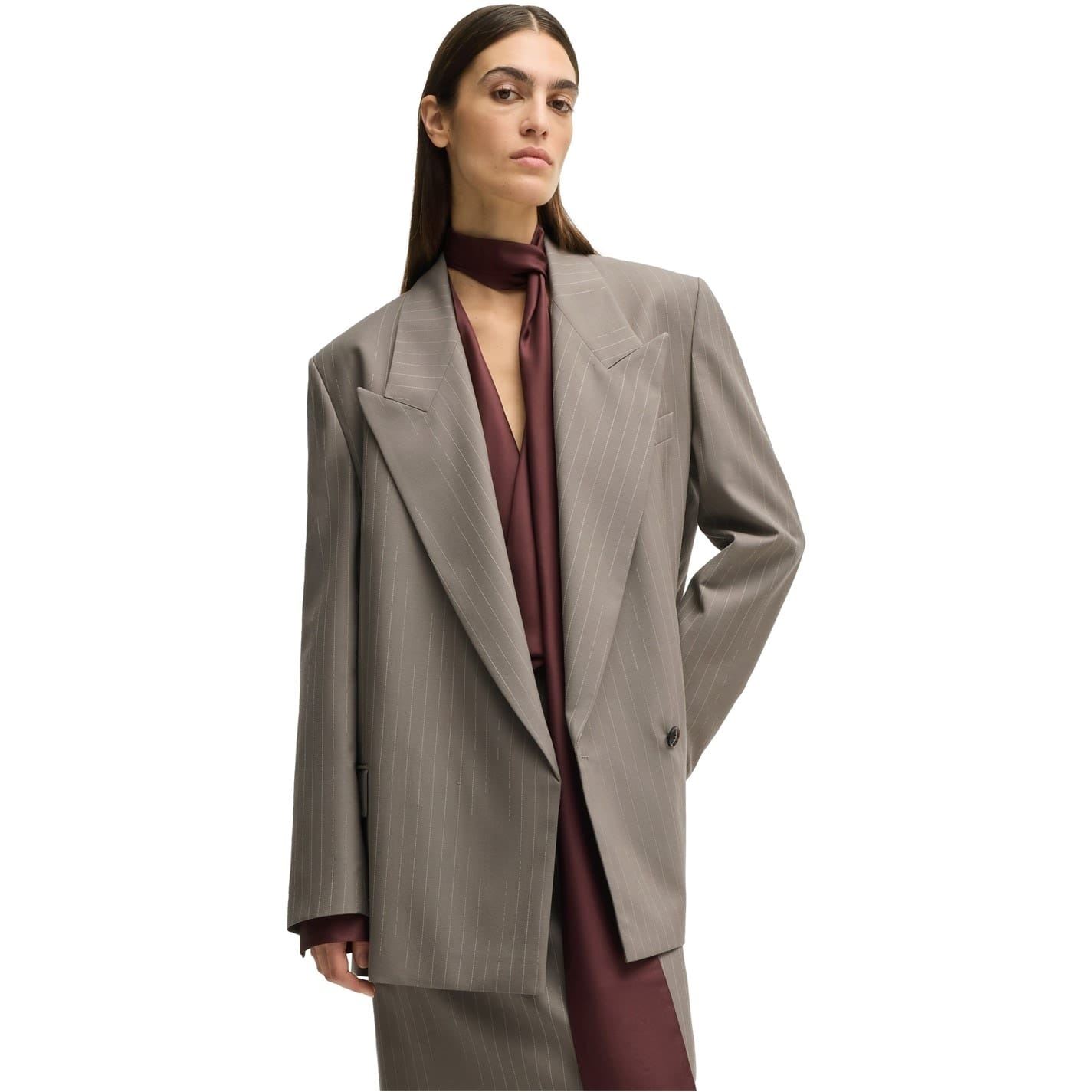 Boss Womens Striped Patterned Oversized Fit Blazer Jacket in Open Grey - Size 8 UK