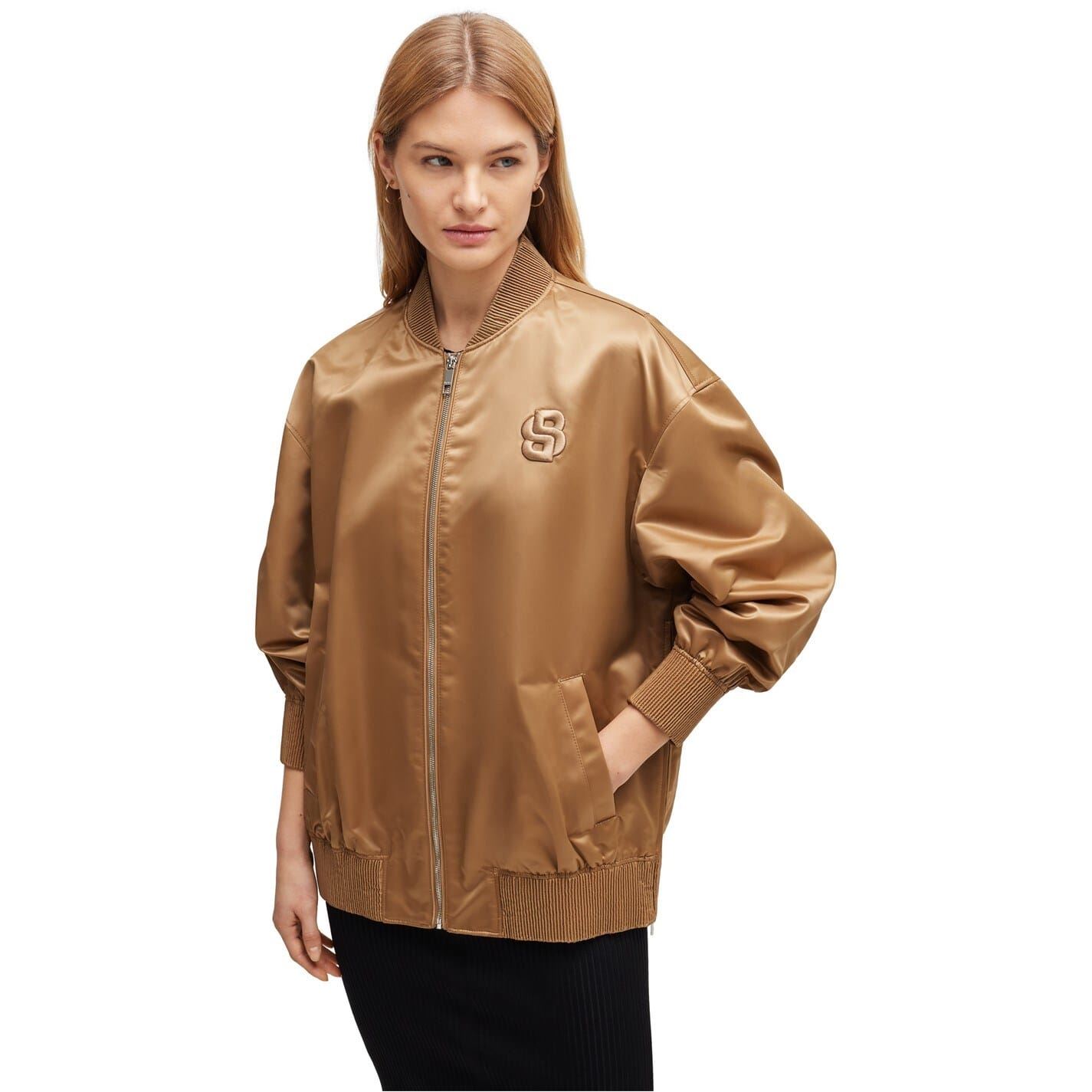 Boss Womens Short Bomber Oversize Jacket in Med Beige - Size 12 UK