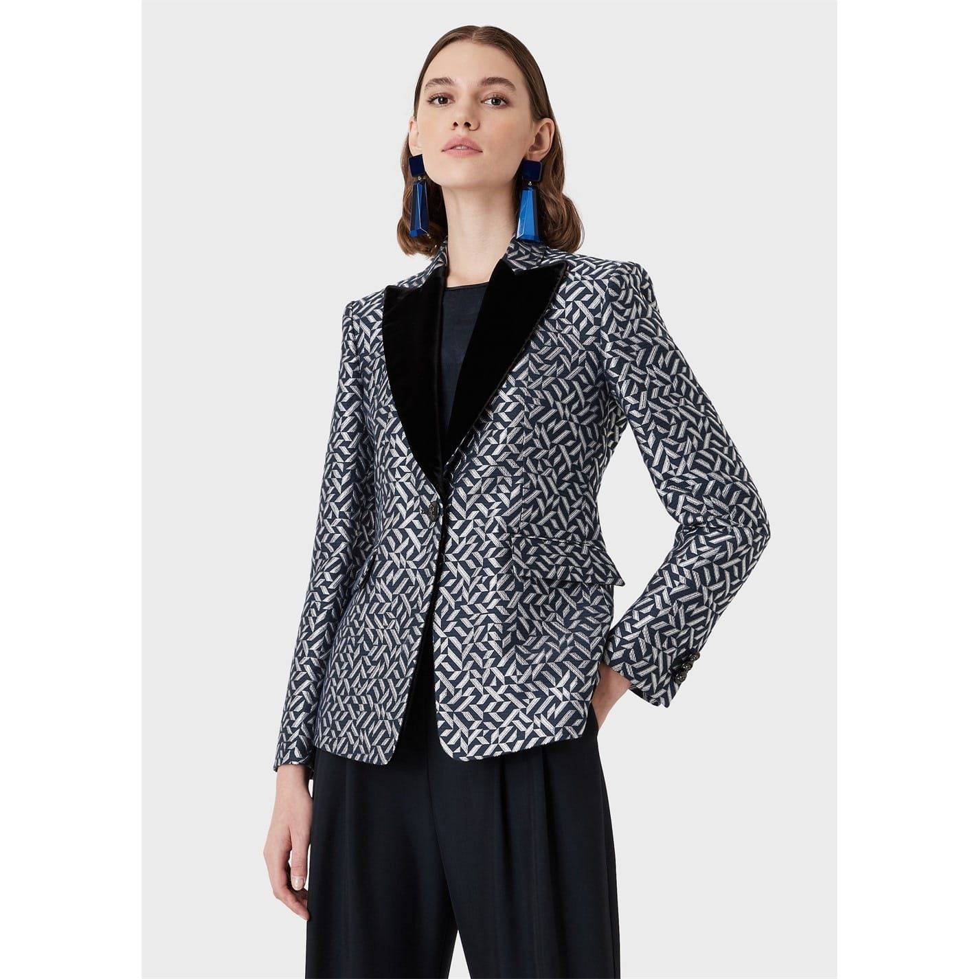 EA7 Womens Emporio Armani Collared Regular Fit Blazer Jacket in Blk/Wht Mlti - Black - Size 6 UK