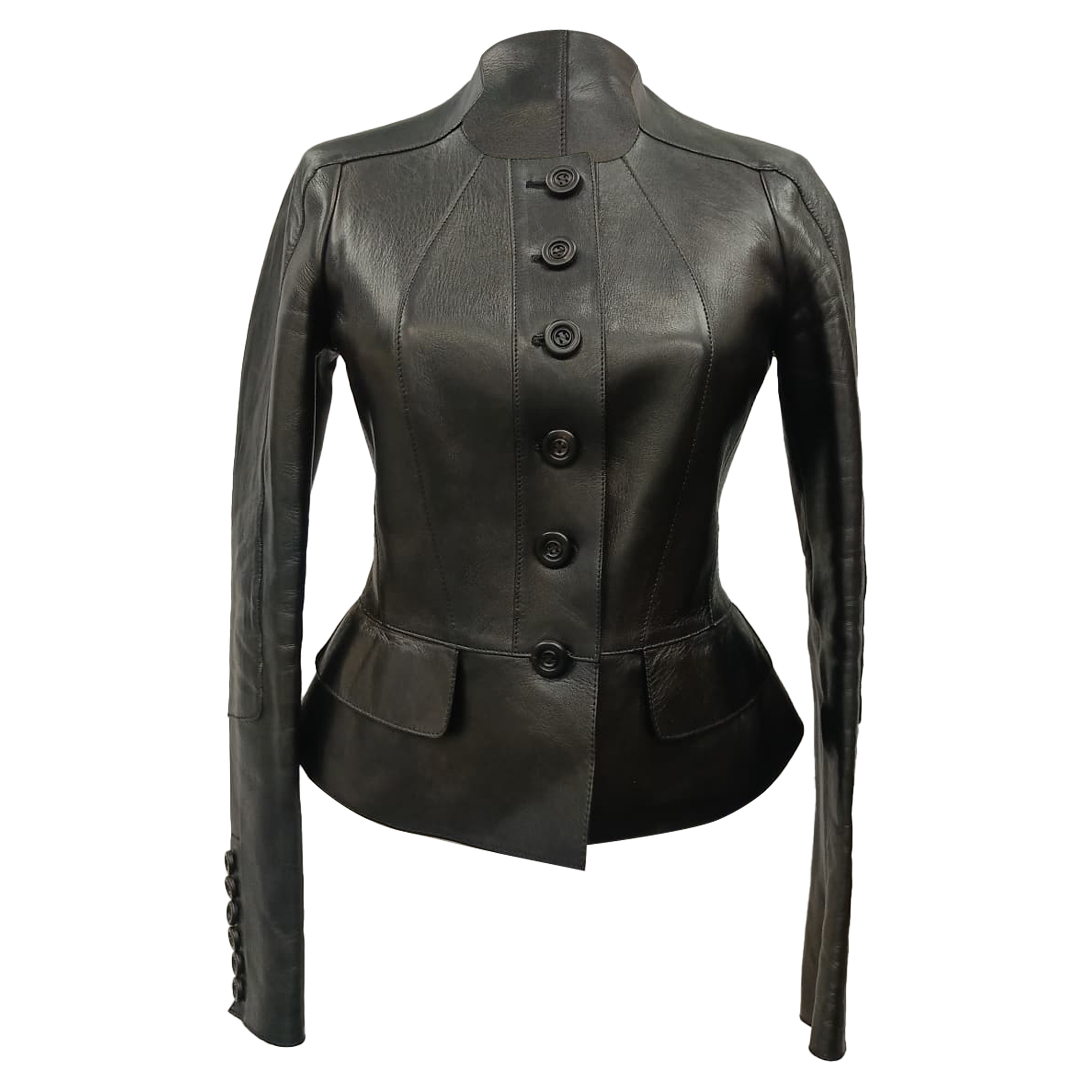 Burberry Pre-owned Womens Prorsum Button-Down Peplum Jacket in Lamb Leather - Black - Size IT 38 (Womens)