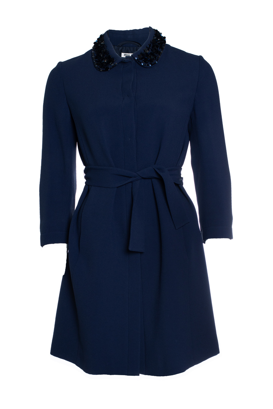 Miu Miu Pre-owned Womens Miu Miu, blue jacket with belt and sequinned collar - Size Medium