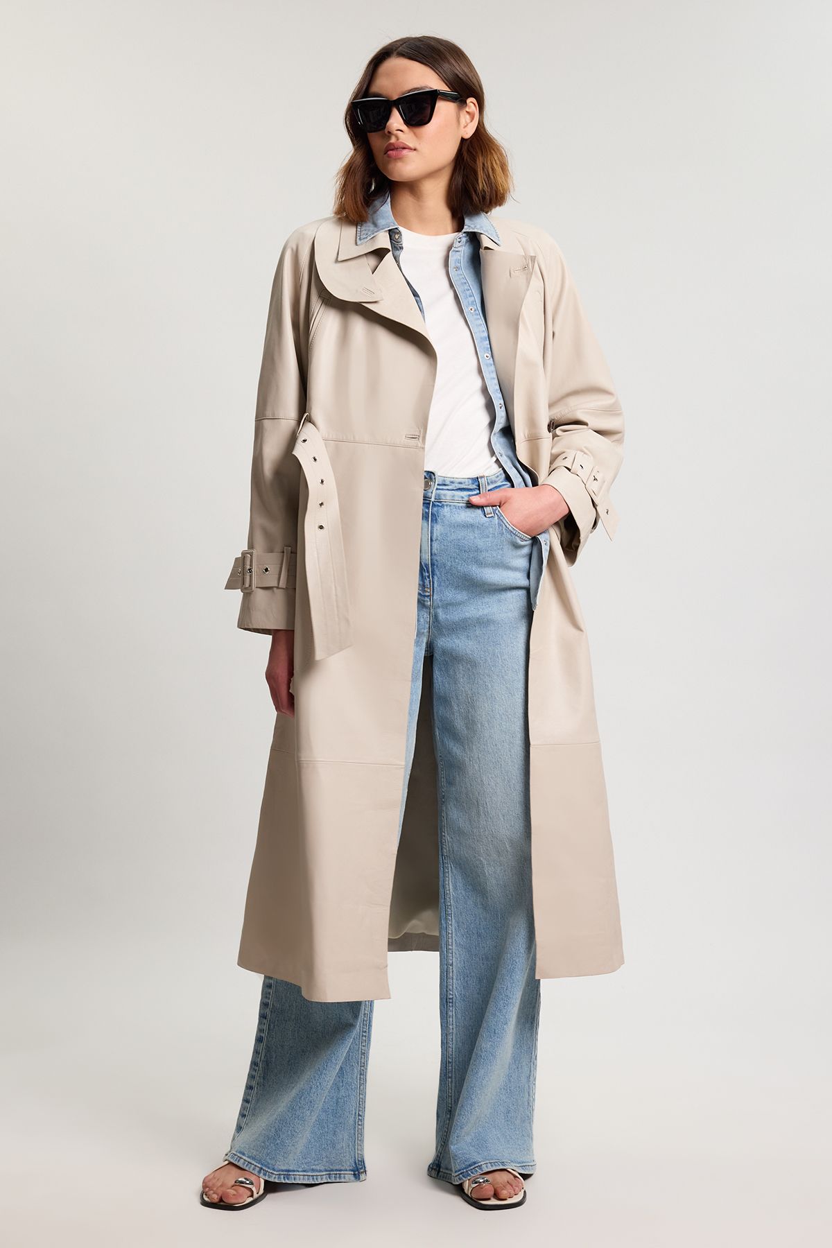 Karen Millen Womens Leather Belted Trench Coat - Beige - Size 16 UK