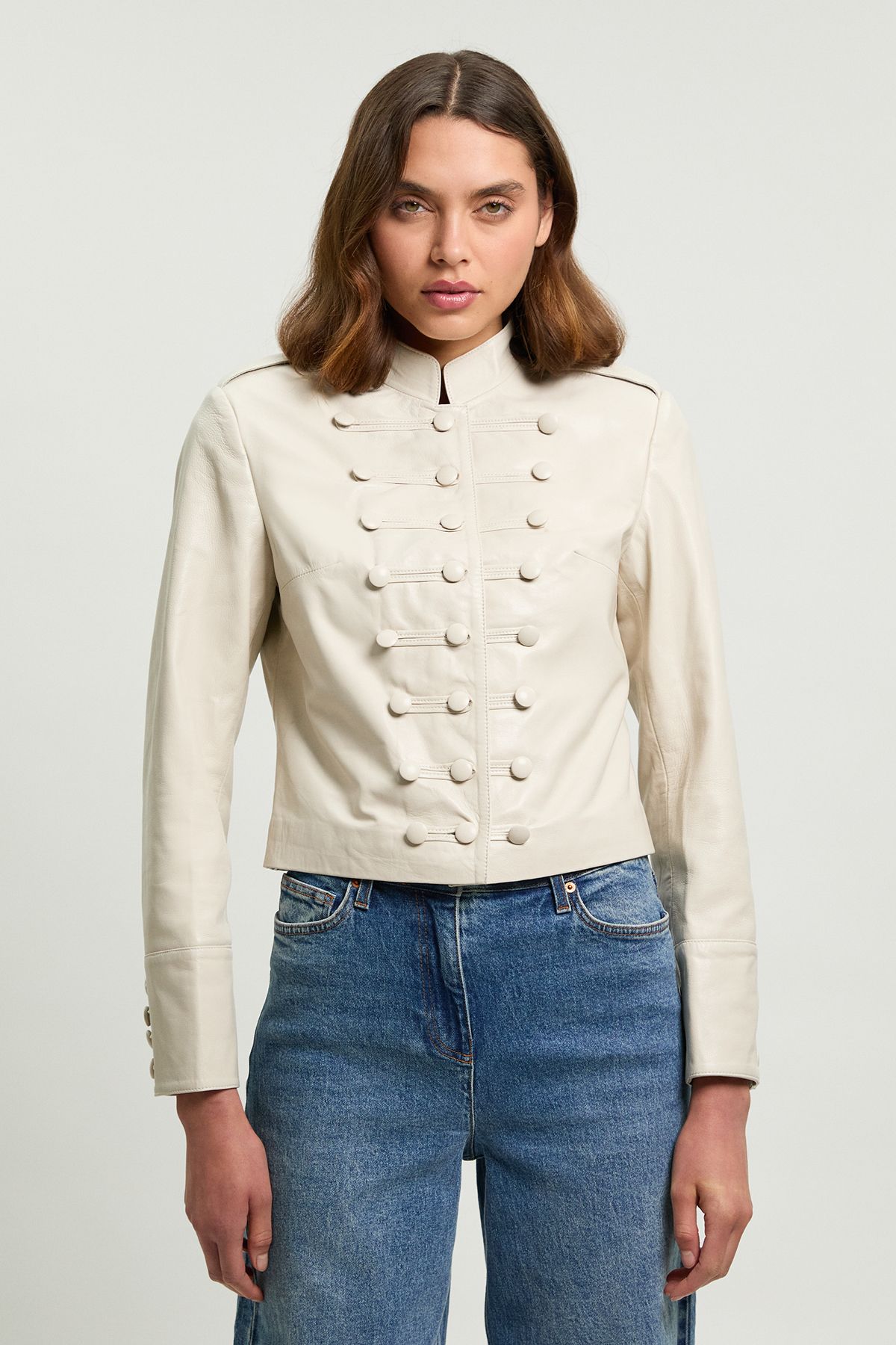 Karen Millen Womens Leather Drummer Boy Detail Jacket - Cream - Size 14 UK