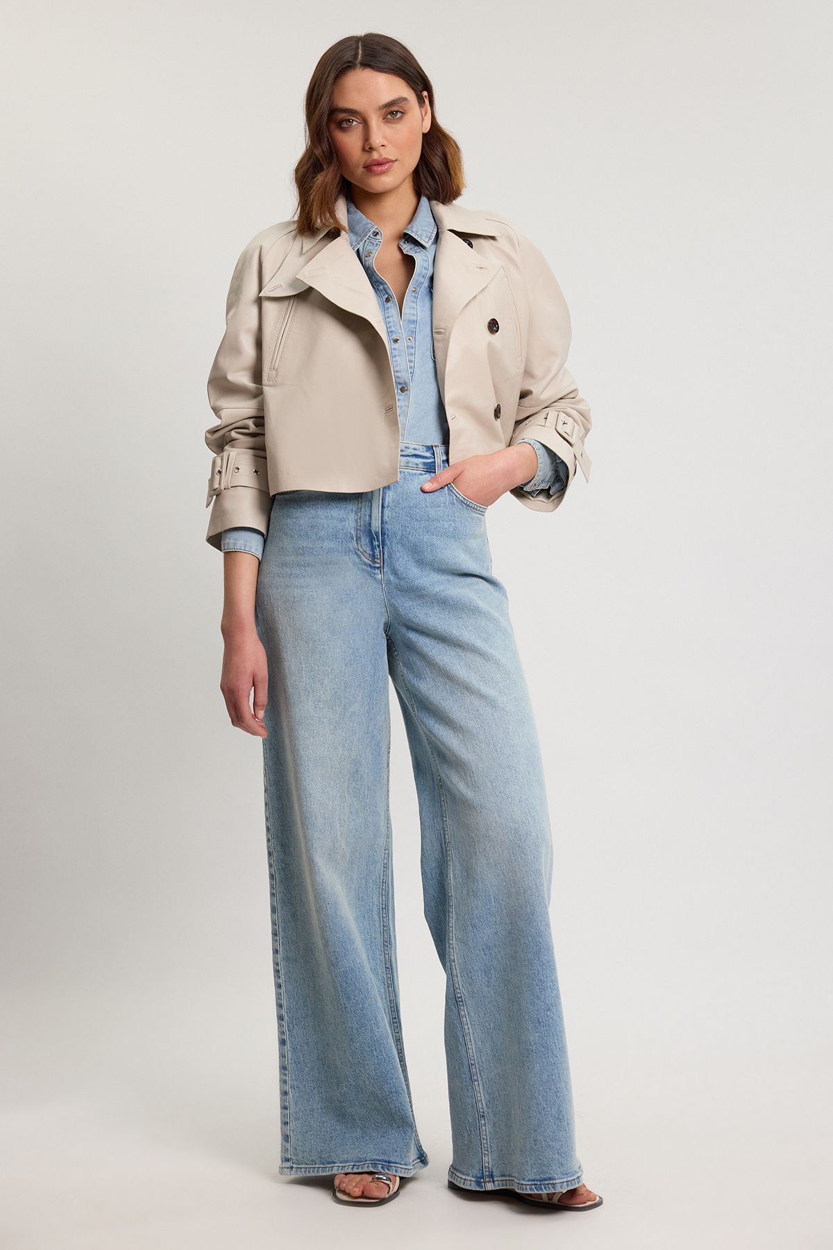 Karen Millen Womens Leather High Neck Crop Trench Coat - Beige