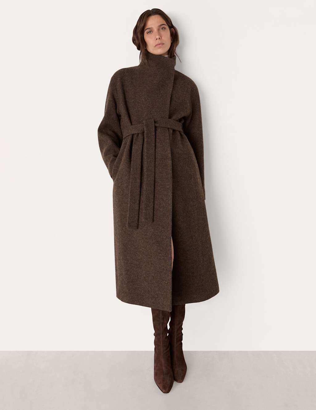 Whistles Morgan Pure Wool Belted Funnel Neck Wrap Coat Taupe