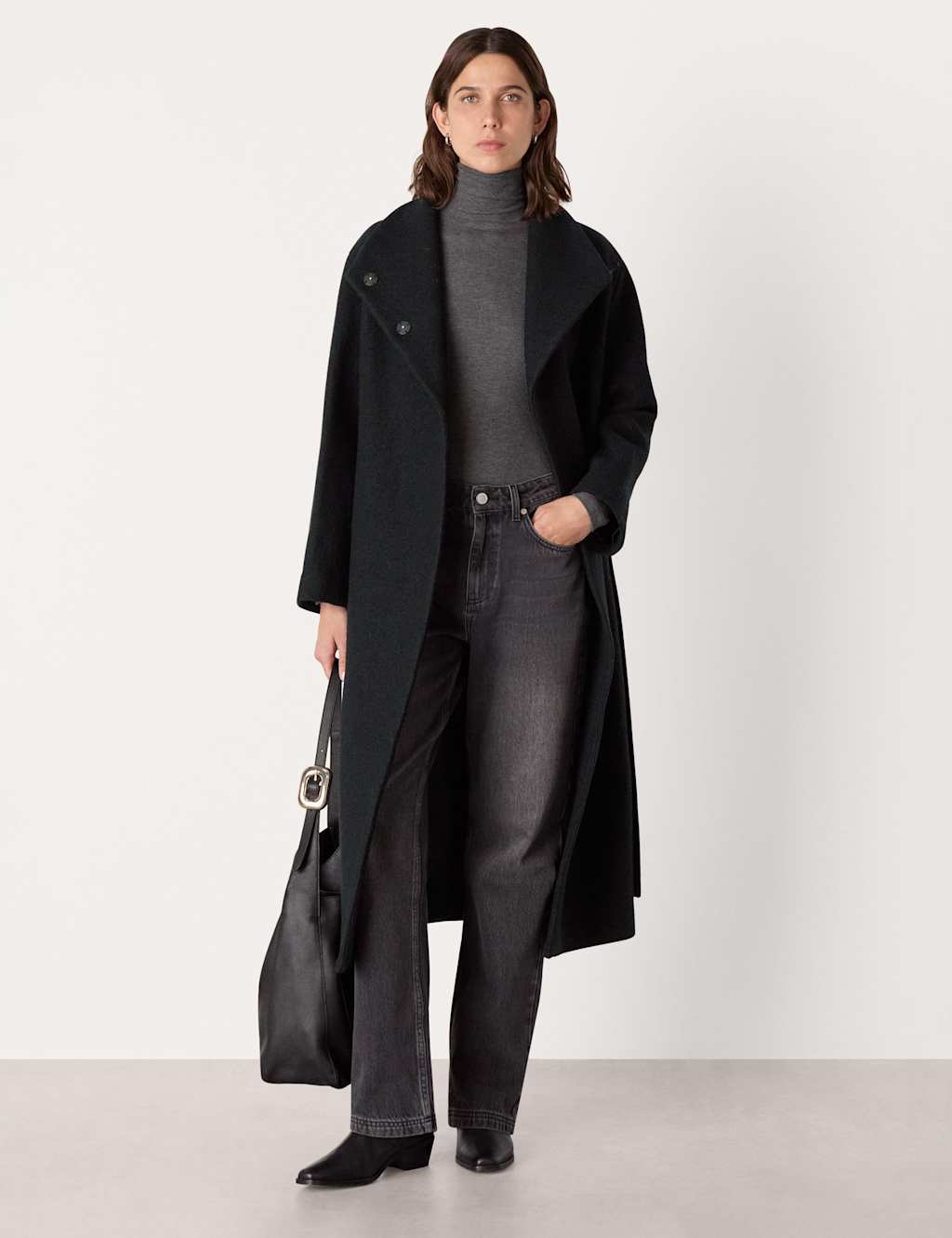 Whistles Morgan Pure Wool Belted Funnel Neck Wrap Coat Black