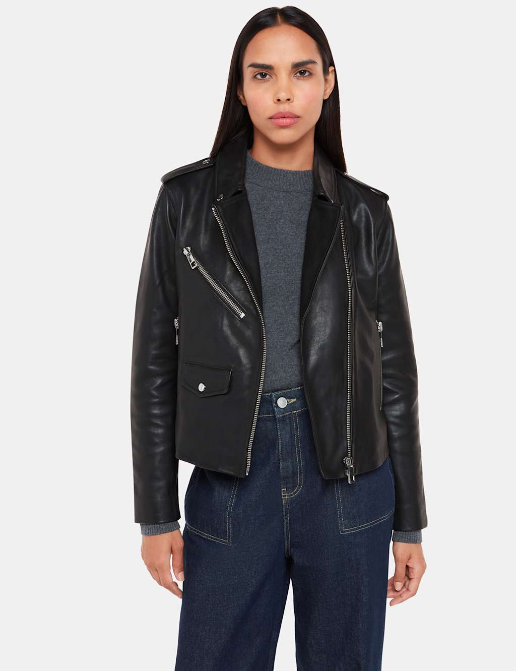 Whistles Agnes Leather Cropped Biker Jacket Black