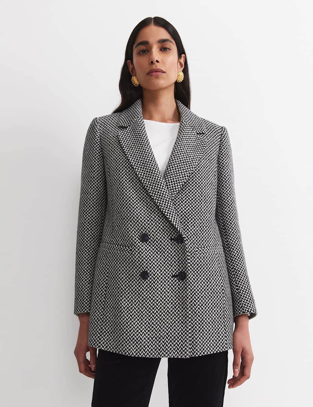 Sportscraft Wool Blend Checked Double Breasted Blazer White/Black