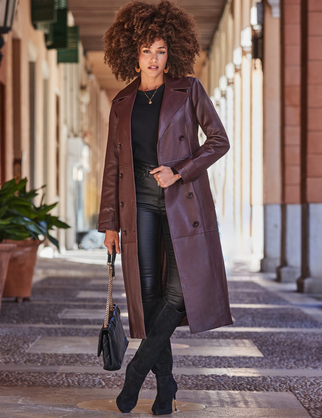 SOSANDAR Leather Belted Double Breasted Trench Coat Burgundy