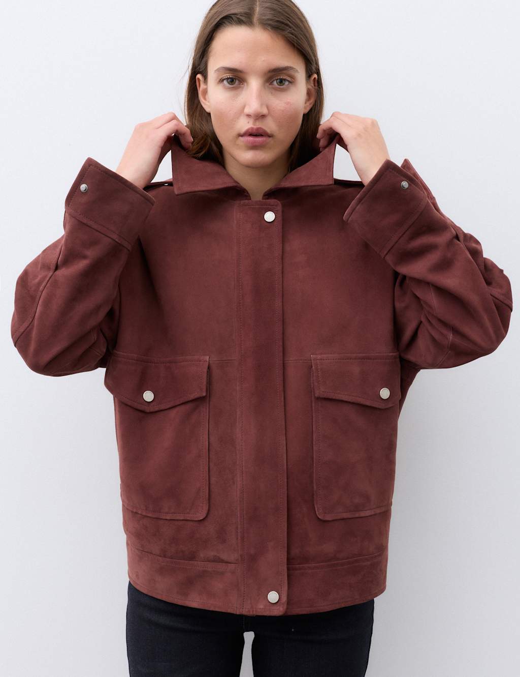 Autograph Suede Collared Bomber Jacket Cranberry
