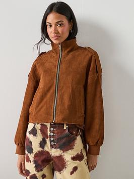 AllSaints Lowden Suede Cropped Jacket, Brown, Size M, Women
