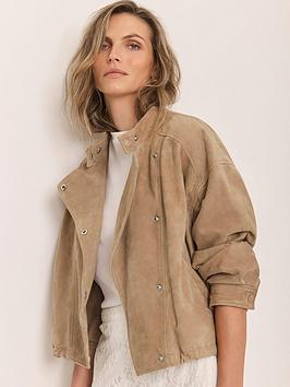 Mint Velvet Suede Cropped Pilot Bomber Jacket, Beige, Size S, Women
